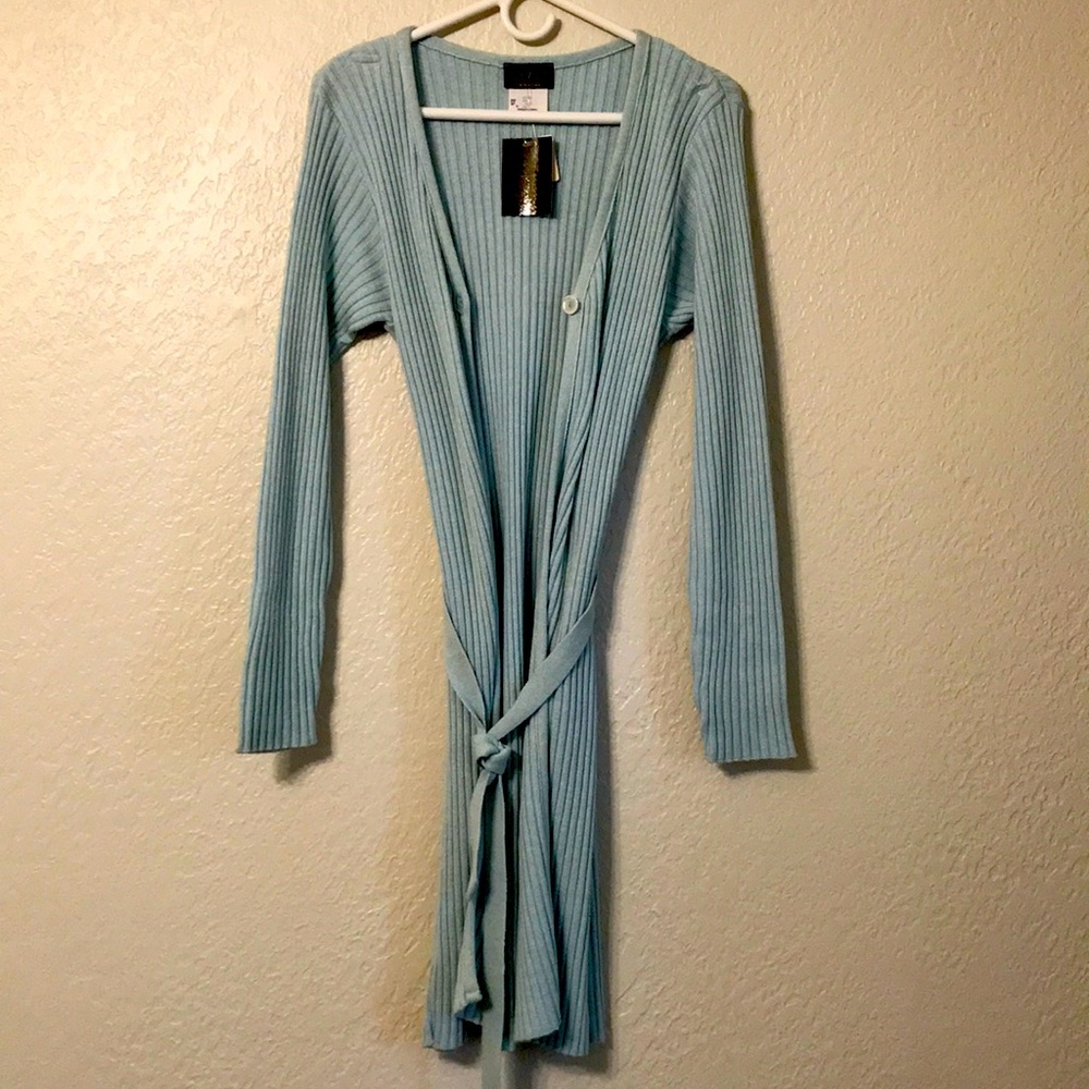 Blue Ribbed Duster with Tie Belt